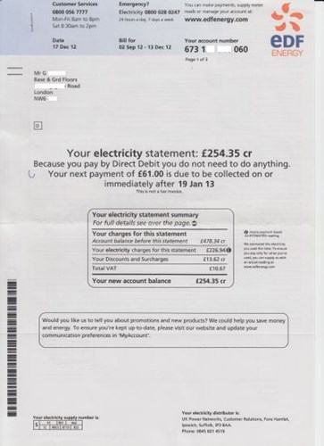 Sample electricity bill