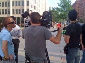 Walkie-talkies in use on film set